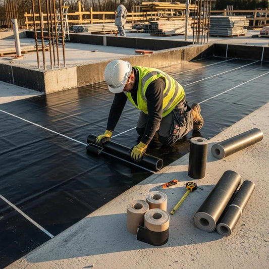 Construction worker applying waterproofing membrane in a professional setting