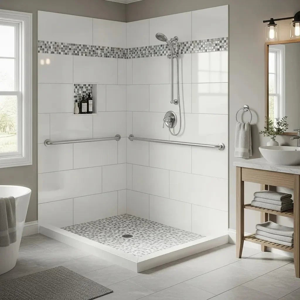 Curbless shower pan kit in a modern bathroom, emphasizing seamless design and accessibility