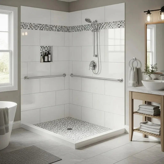 Curbless shower pan kit in a modern bathroom, emphasizing seamless design and accessibility