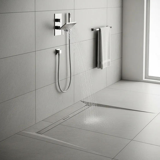 REVOLUX CURVE paired with the GURU Speedy Superkit in a contemporary shower
