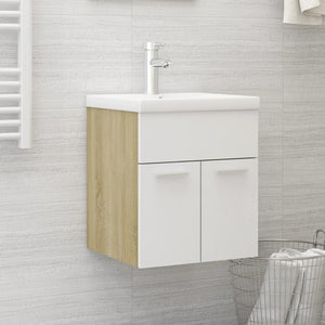 Sink Cabinet White and Sonoma Oak Engineered Wood Bathroom Cabinet