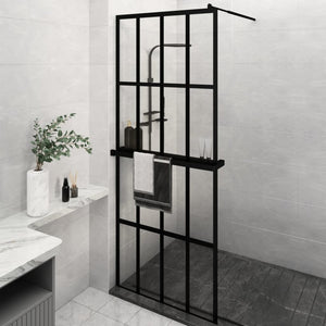Walk-in Shower Wall with Shelf Black 31.5"x76.8" ESG Glass&Aluminum
