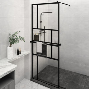 Walk-in Shower Wall with Shelf Black 31.5"x76.8" ESG Glass&Aluminum
