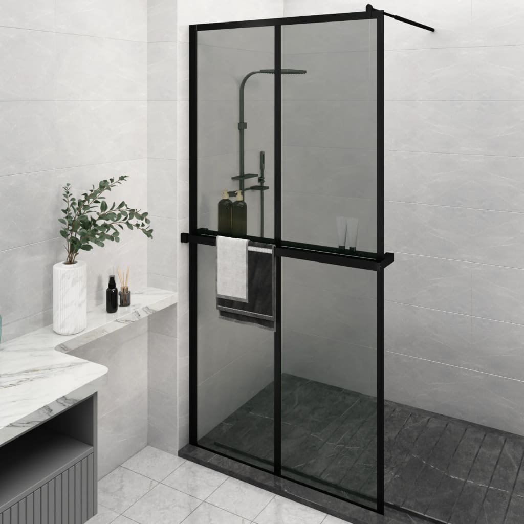 Walk-in Shower Wall with Shelf Black 46.5"x74.8" ESG Glass&Aluminum