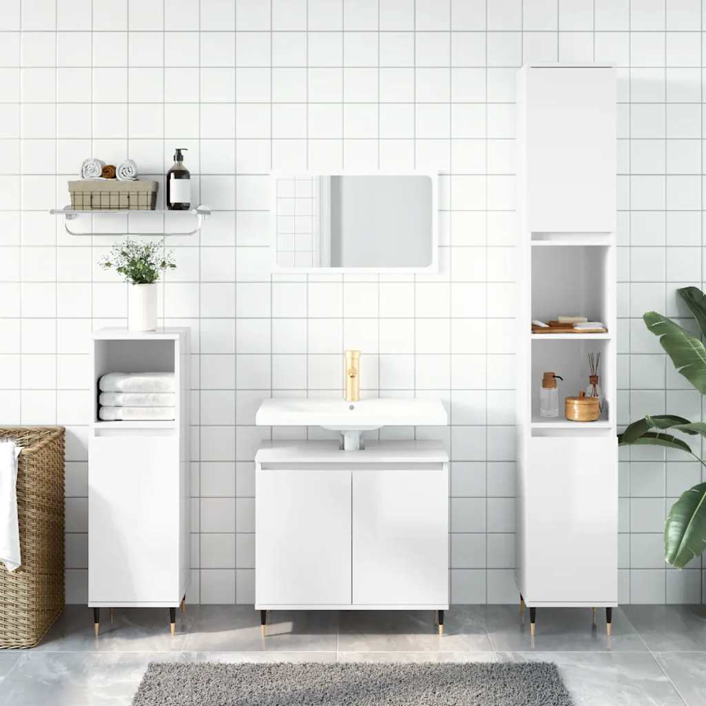 Bathroom Cabinet Glossy White Engineered Wood, Metal Medium