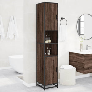 Bathroom Cabinet Brown Oak Engineered Wood, Metal Tall