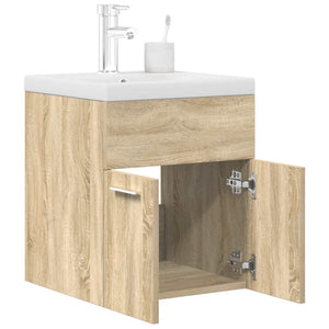 Bathroom Sink Cabinet Sonoma Oak, White Engineered wood, Ceramic