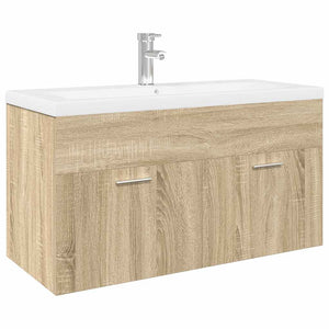 Bathroom Sink Cabinet Sonoma Oak, White Engineered wood, Ceramic